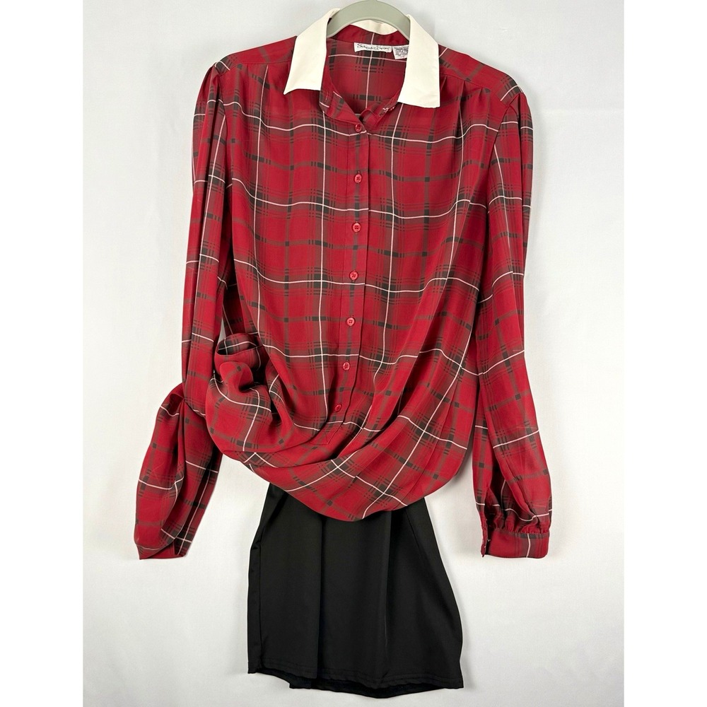 Schrader Sport Womens 14 Plaid Shirt Dress Red Poly Contrast Collar Long Sleeve